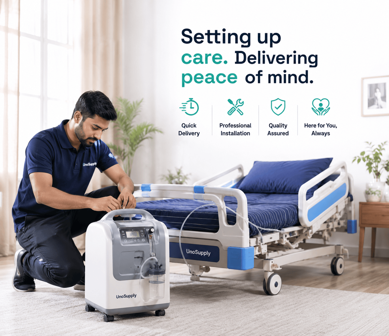 UnoSupply technician setting up an oxygen concentrator beside a hospital bed at a patient's home
